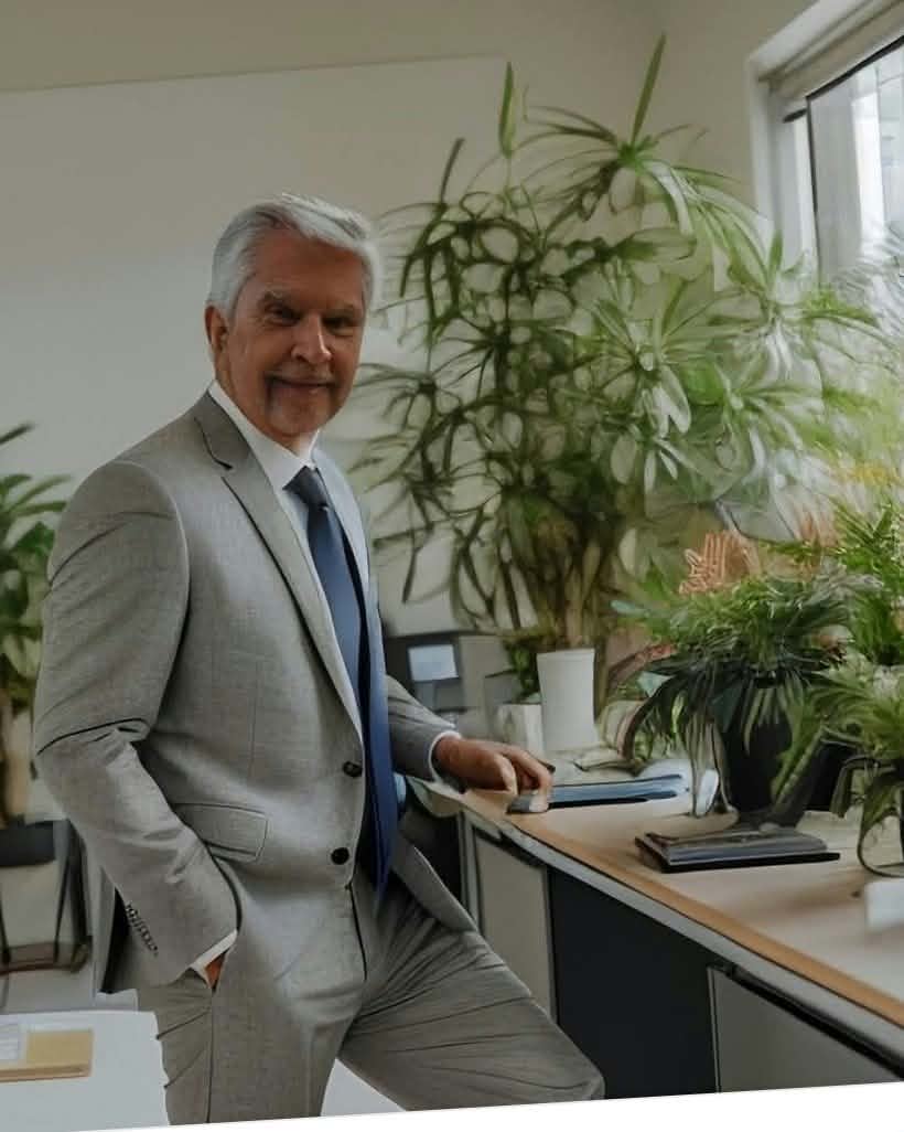 Werner Maiwald standing in his office beside a sunlit window and plants